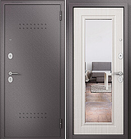 Дверь входная Family Mass MP M-140, с зеркалом R-5, Шоколад букле/Бьянко ларче, M-140 mirror, 2 замка