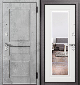 Дверь входная Family Mass PP MD-1/M-140, с зеркалом Бетон серый, MD-1/Белый ларче, M-140 mirror, 2 замка