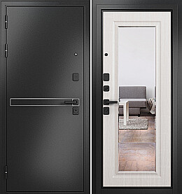 Дверь входная Trust Mass MP 9S-140, с зеркалом D-4, Антрацит букле/Бьянко ларче, 9S-140 mirror, 2 замка, с ночной задвижкой