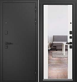 Дверь входная Trust Mass MP 9S-164 (порог), с зеркалом Черный муар металлик/Белый ларче, 9S-164 mirror, 2 замка, с ночной задвижкой