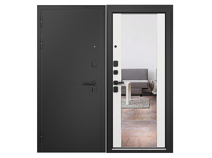 ДМ TRUST MASS MP Черный муар металлик (порог)/МДФ Белый Софт 9S-164 mirror 205*86 Левая ( фурнитура чёрная)