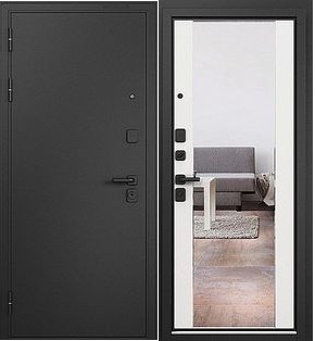 Дверь входная Траст Масс МП 9S-164 mirror Чёрный муар металлик/Белый софт, с зеркалом, 2 замка, с ночной задвижкой