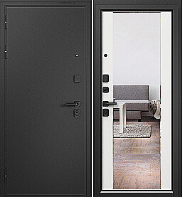 Дверь входная Trust Mass MP 9S-164 (чёрная фурнитура), с зеркалом Черный муар металлик/Белый Софт, 9S-164, 2 замка, с ночной задвижкой