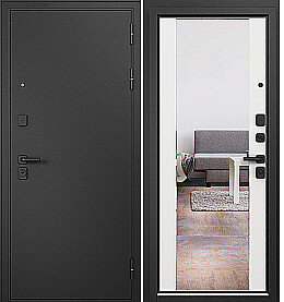 Дверь входная Trust Mass MP 9S-164 (чёрная фурнитура), с зеркалом Черный муар металлик/Белый Софт, 9S-164, 2 замка, с ночной задвижкой