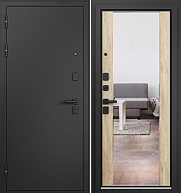 Дверь входная Trust Mass MP 9S-164 (порог) чёрная броненакладка, с зеркалом Черный муар металлик/Дуб шале натуральный, 9S-164 mirror, 2 замка, с ночной задвижкой
