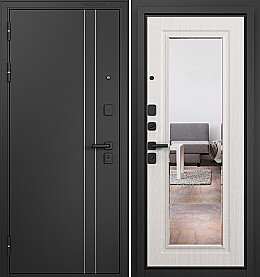 Дверь входная Trust Mass MP 9S-140, с зеркалом D-5, Черный муар металлик/Бьянко ларче, 9S-140 mirror, 2 замка, с ночной задвижкой