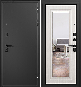 Дверь входная Trust Mass MP 9S-140, с зеркалом Черный муар металлик/Бьянко ларче, 9S-140 mirror, 2 замка, с ночной задвижкой