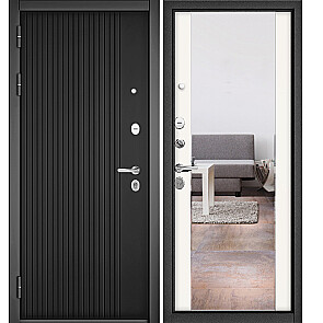 Дверь входная Траст Масс ПП 161-164 mirror Черный матовый/Белый Софт, с зеркалом, 2 замка