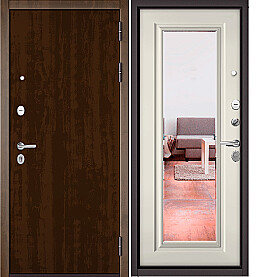 Дверь входная Family Mass PP 100/140 (порог), с зеркалом Орех грецкий, 100/Эмаль молоко, 140 mirrror, 2 замка