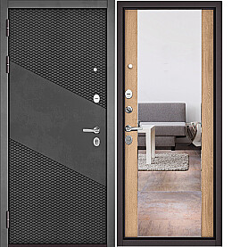 Дверь входная Trust Mass PP 9S-103 (чёрная фурнитура), с зеркалом Бетон темный, 9S-163/Дуб шале натуральный, 164 mirror, 2 замка, с ночной задвижкой