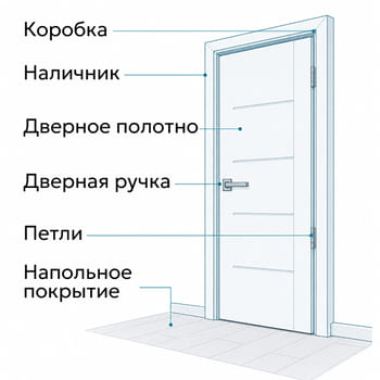 Схема конструкции двери: коробка, полотно, ручка, петли, напольное покрытие