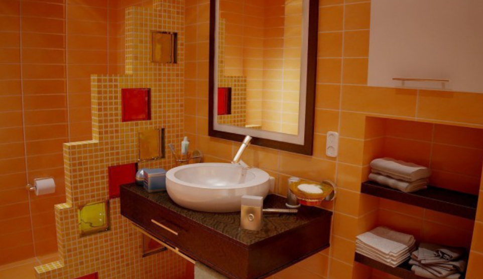 Мозаика и прямоугольная плитка в комбинации при раскладке в ванной