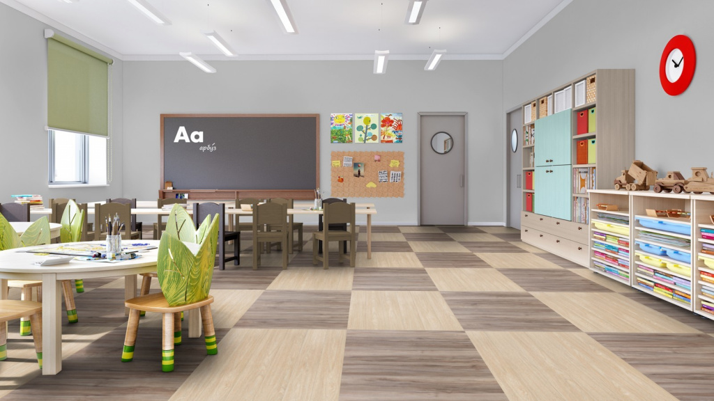Виниловую плитку часто используют в интерьерах офисов, детских садов и школ