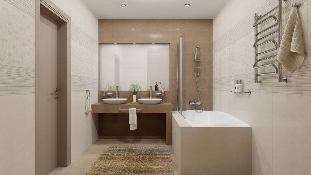 Бежево-серый дизайн и отделка плиткой в ванной