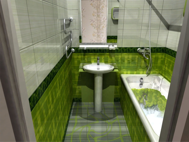 Зеленая плитка в интерьере небольшой ванной комнаты