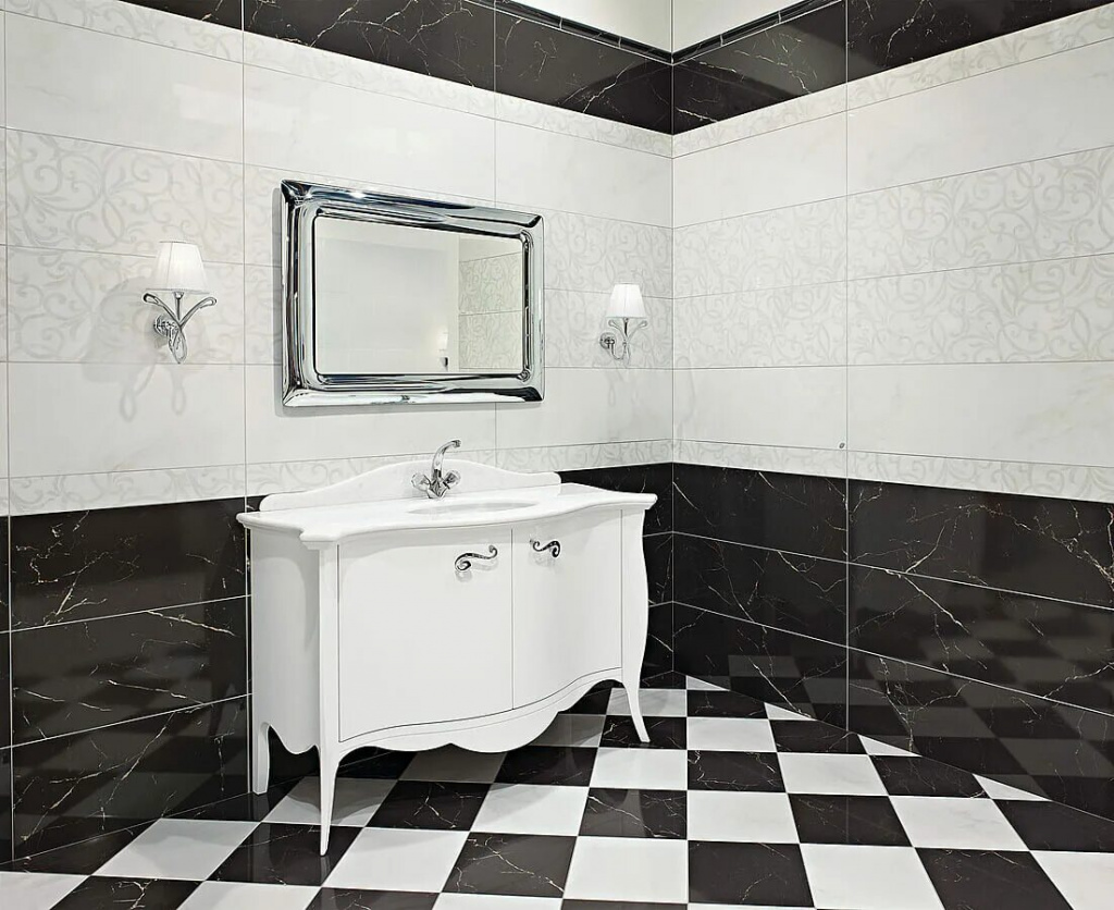 Схема укладки плитки шахматно-диагональная в ванной комнате