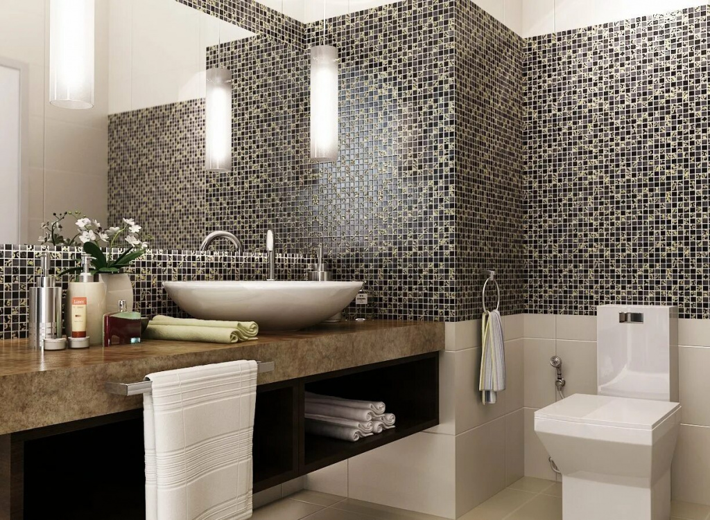 Мозаичная плитка прекрасно выглядит на стенах в ванной комнате