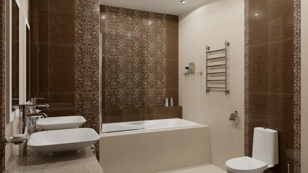 Уютная ванная с коричневой рельефной плиткой в восточной тематике