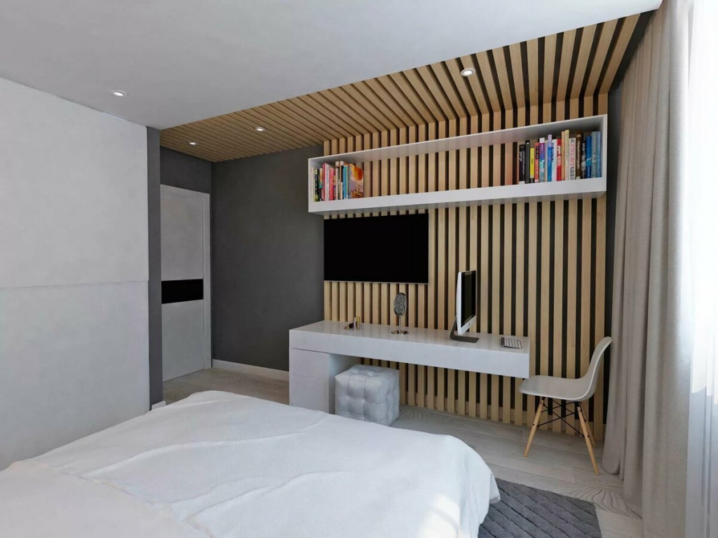Спальня с деревянными декоративными рейками