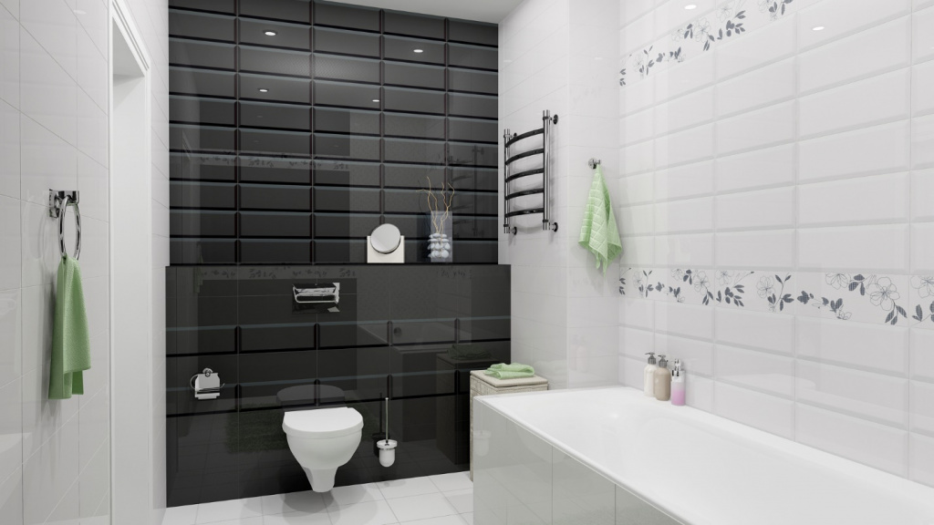 Черно-белая ванная с плиткой в стиле минимализм