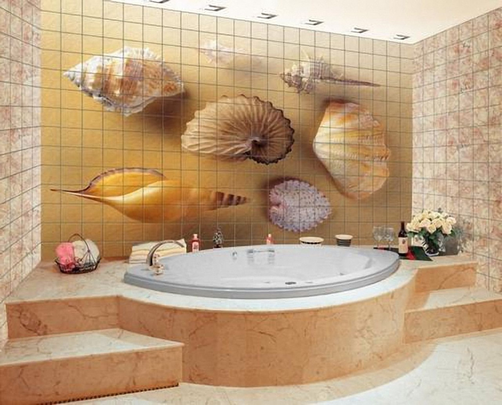 Панно из керамической плитки на стенах ванной будет отлично сочетаться с керамогранитом на полу