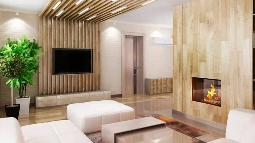 Простой дизайн спальной комнаты с декоративными рейками под телевизор