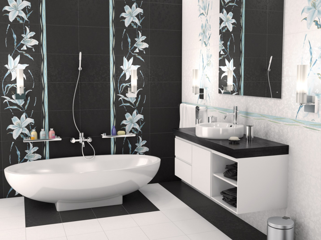 Сочетание черной, белой и нежно-голубой плитки в ванной комнате