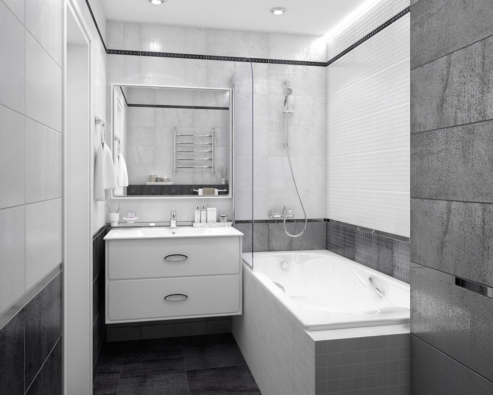 Бело-серая ванная комната с матовой плиткой