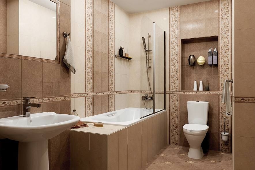 Ванная комната со светло-коричневой плиткой