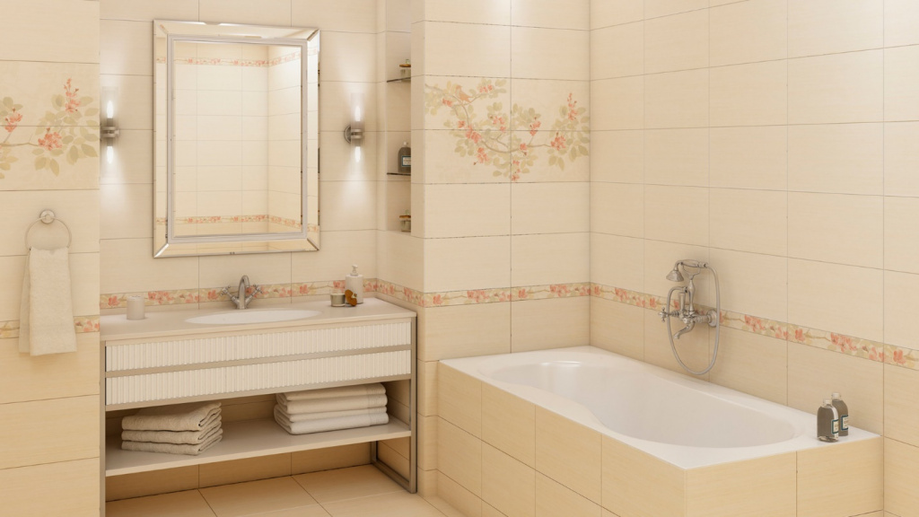 Бежевая плитка с растительным орнаментом в ванной комнате