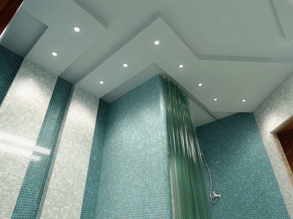 Многоуровневый потолок из гипсокартона в ванной комнате