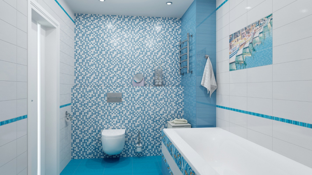 Ванная комната с отделкой из белой керамической плитки и мозаики