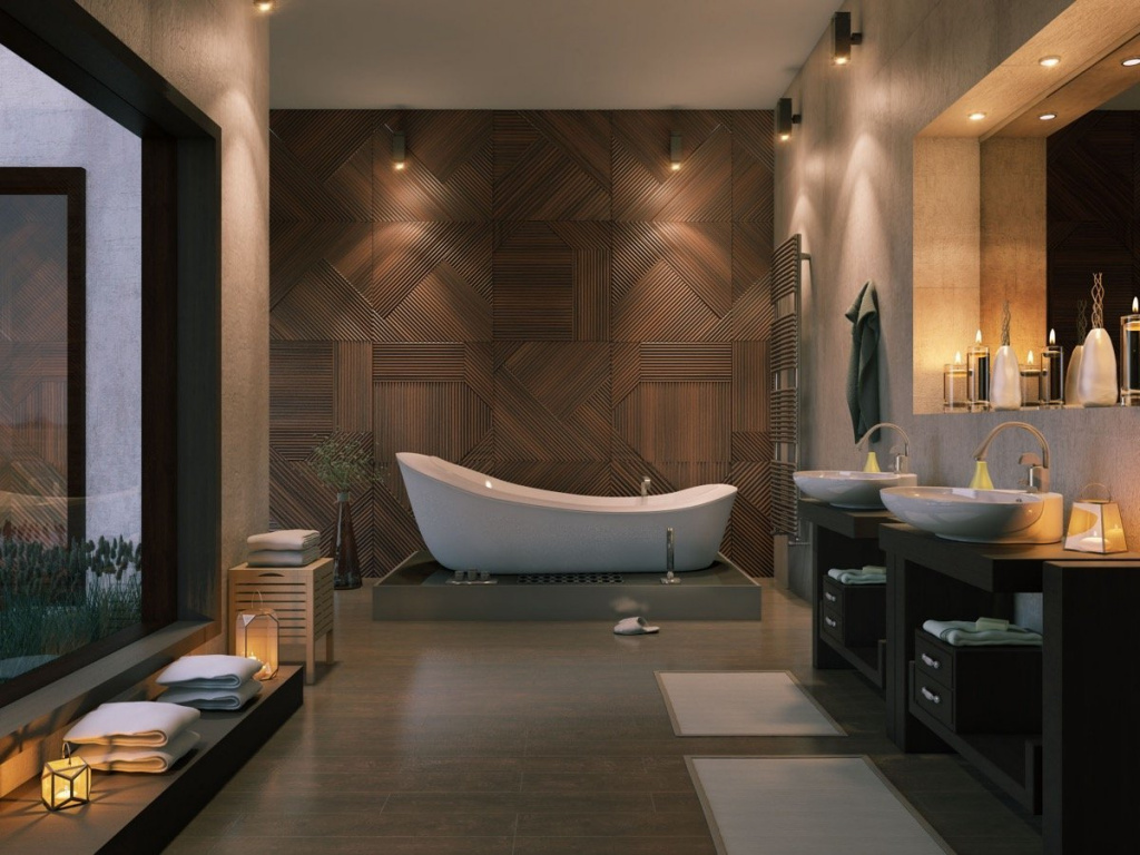 Оригинальный дизайн в стиле спа с коричневой плиткой в ванной