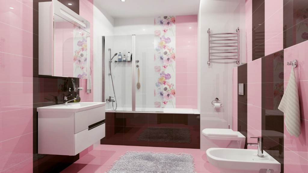 Бело-коричнево-розовые тона при отделке плиткой в интерьере ванной