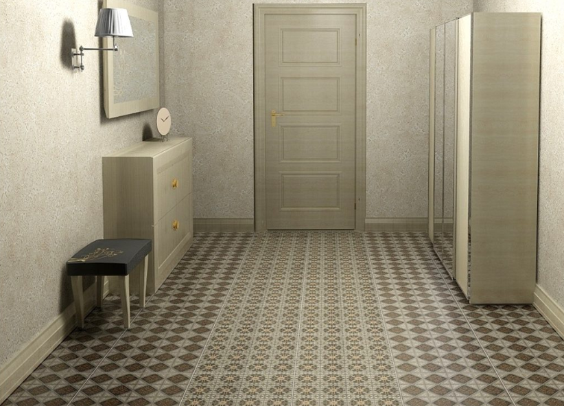 Вариант комбинации плиток на полу в коридоре с разным рисунком