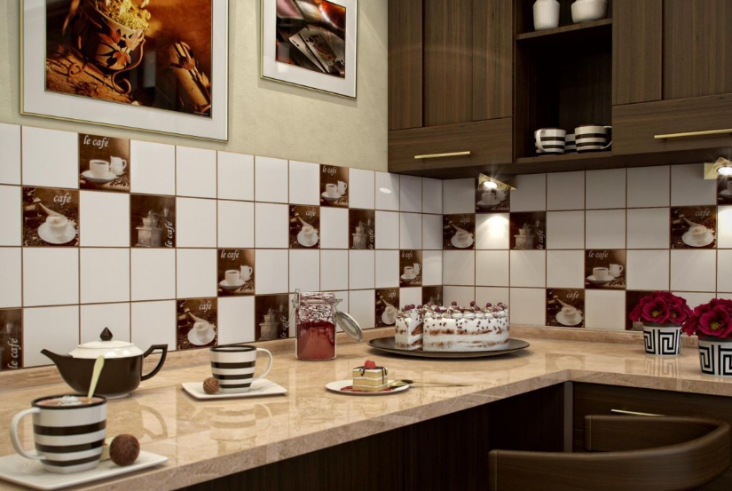 Дизайн кухонной плитки с элементами коричневого