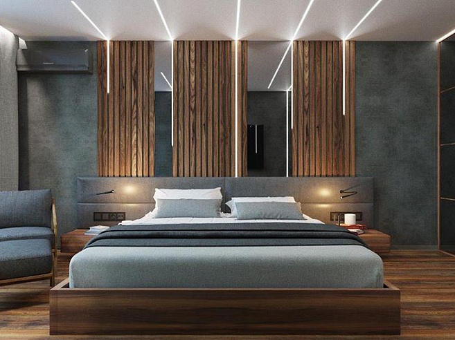 Декоративные рейки из шпонированного МДФ в интерьере спальни