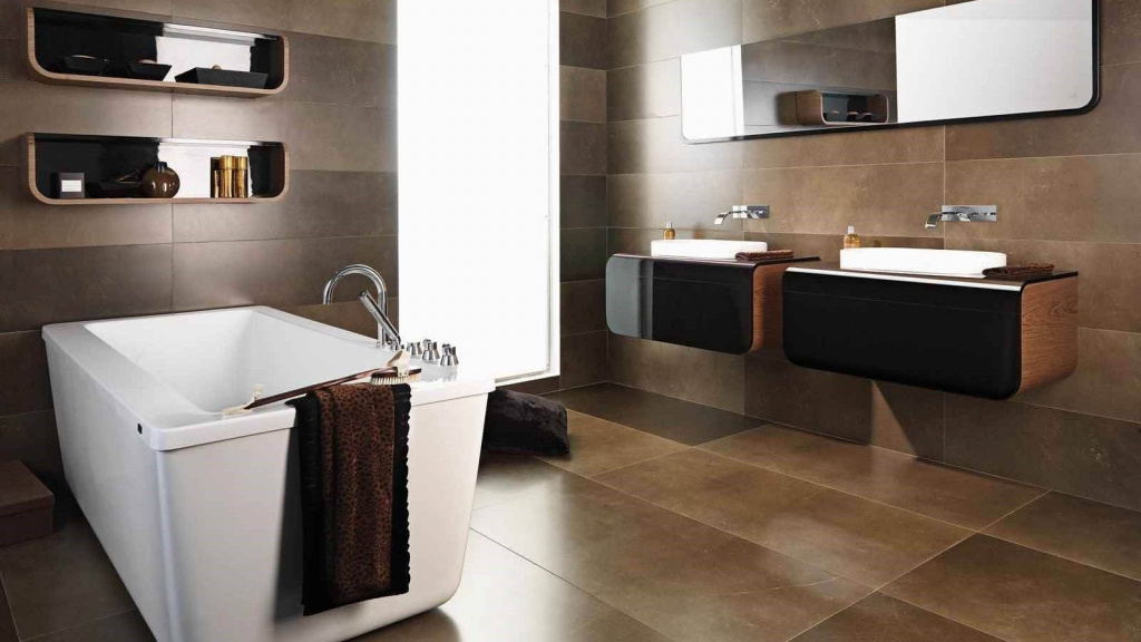 Коричневая ванная комната с плиткой в стиле хай-тек
