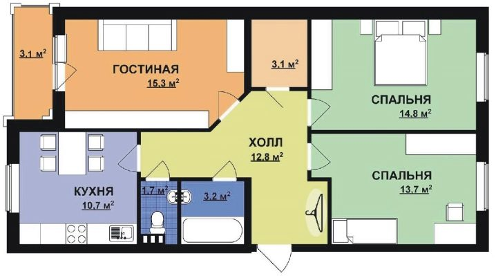 Дизайн трехкомнатной квартиры с двумя спальнями и примыкающими к ним санузлами 