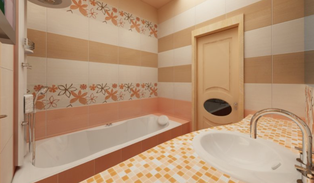 Комбинирование плитки разных цветов и мозаики в одном тоне в ванной комнате