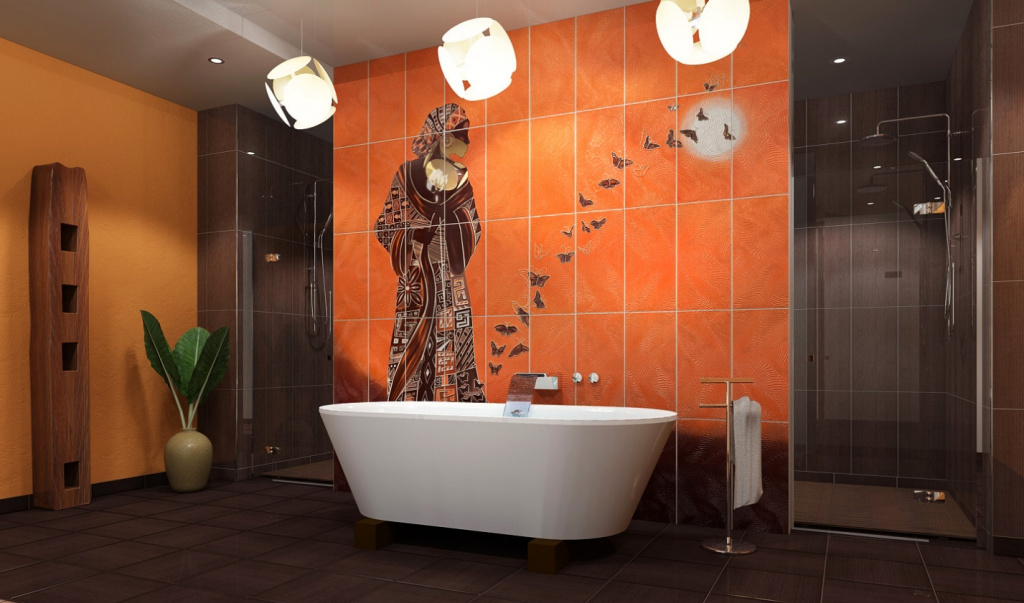Яркий, теплый африканский стиль ванной с коричневой и оранжевой плиткой