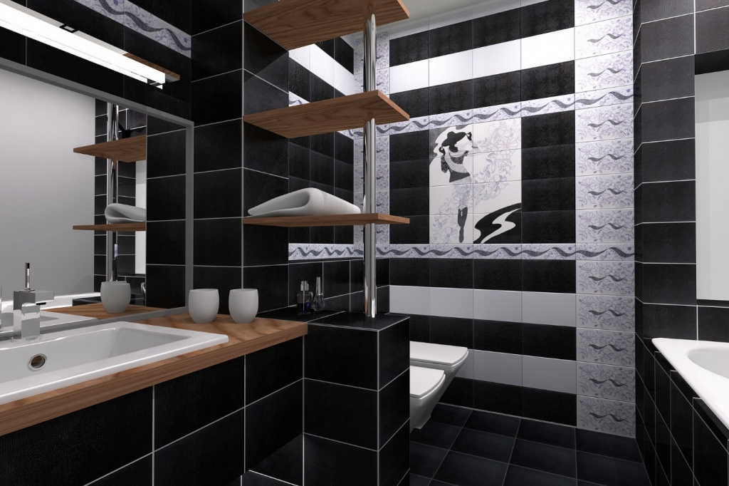 Черно-серый дизайн ванной с плиткой, деревянной столешницей и полками