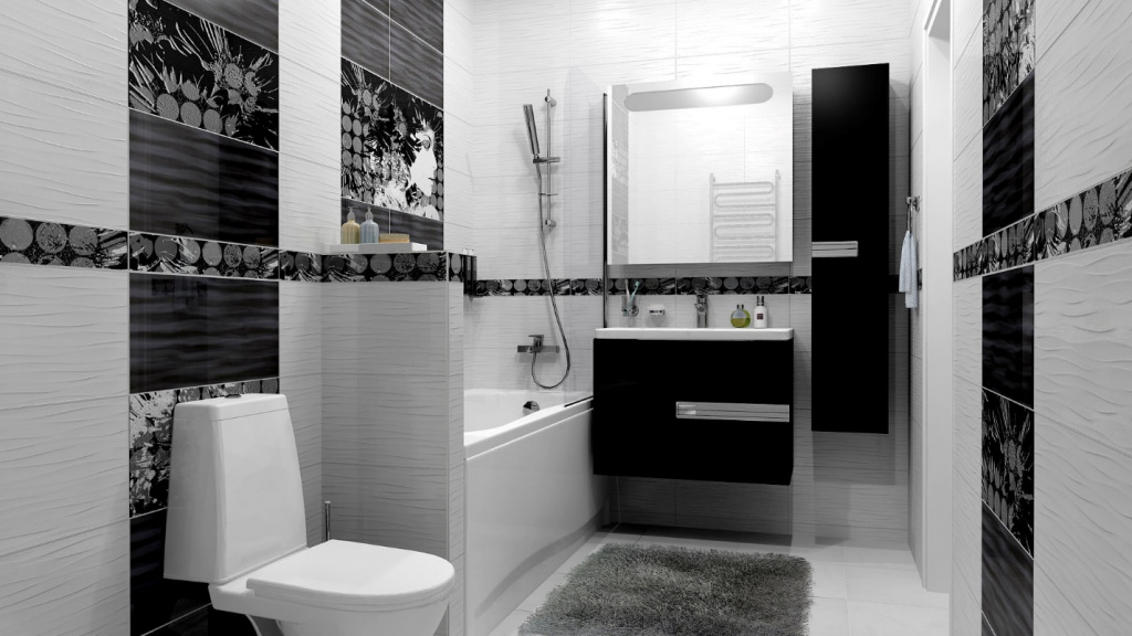 Стильная ванная комната с плиткой в черном и сером цвете