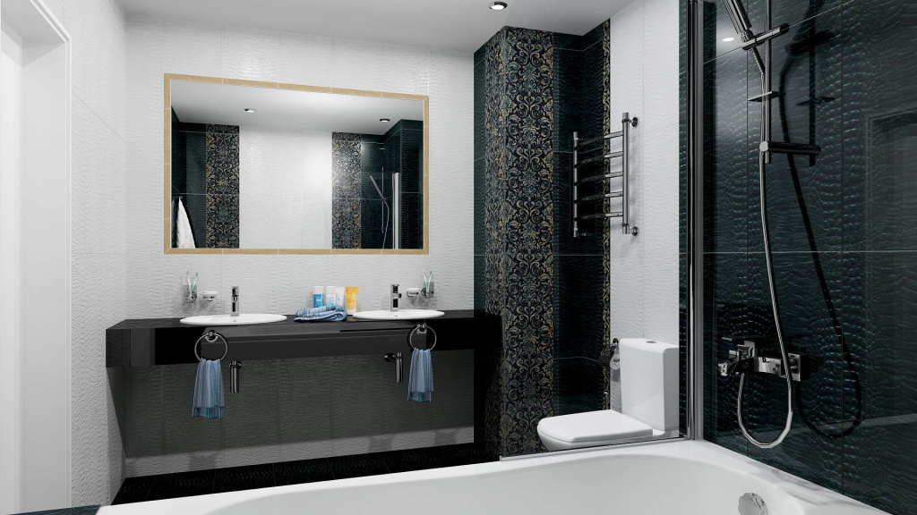 Оригинальный дизайн ванной комнаты с черной плиткой в восточном стиле