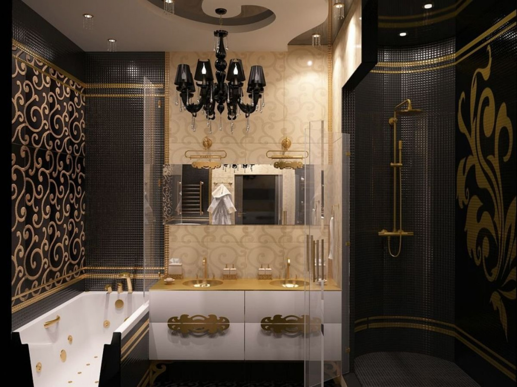 Роскошная ванная в коричнево-золотистых тонах с плиткой в стиле ар-деко