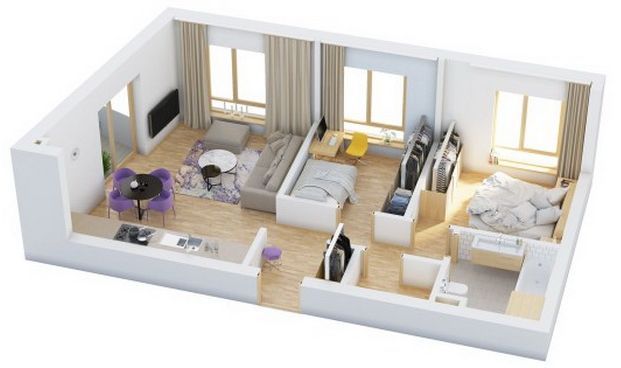 Дизайн трехкомнатной квартиры с отгороженными ширмой местами для работы и отдыха