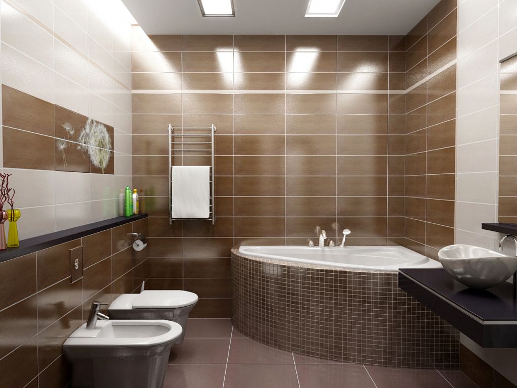 Ванная комната с плиткой в коричневых тонах