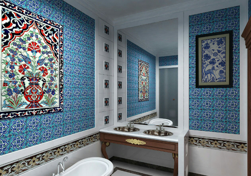 Оформление стены ванной комнаты орнаментами из плитки