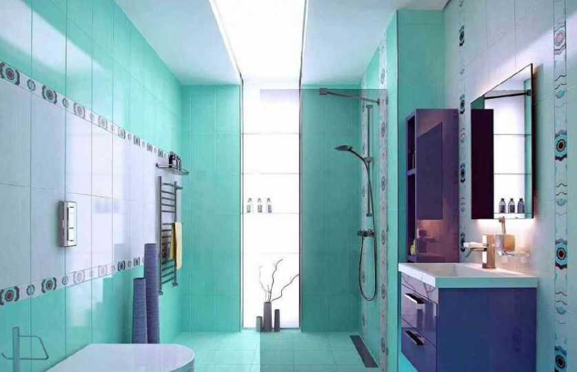 Крупная плитка бирюзового цвета в ванной