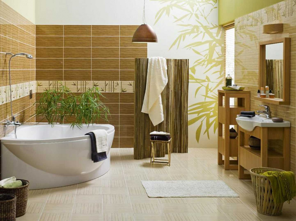 Экзотический стиль в ванной с коричнево-зеленоватой плиткой